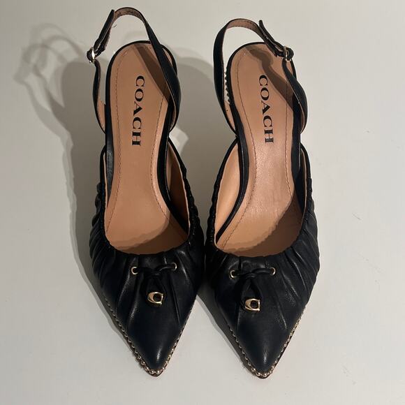 Coach Black Leather Slingback Heels w/ Gold Bead Detail | Size 7 - Picture 2 of 10